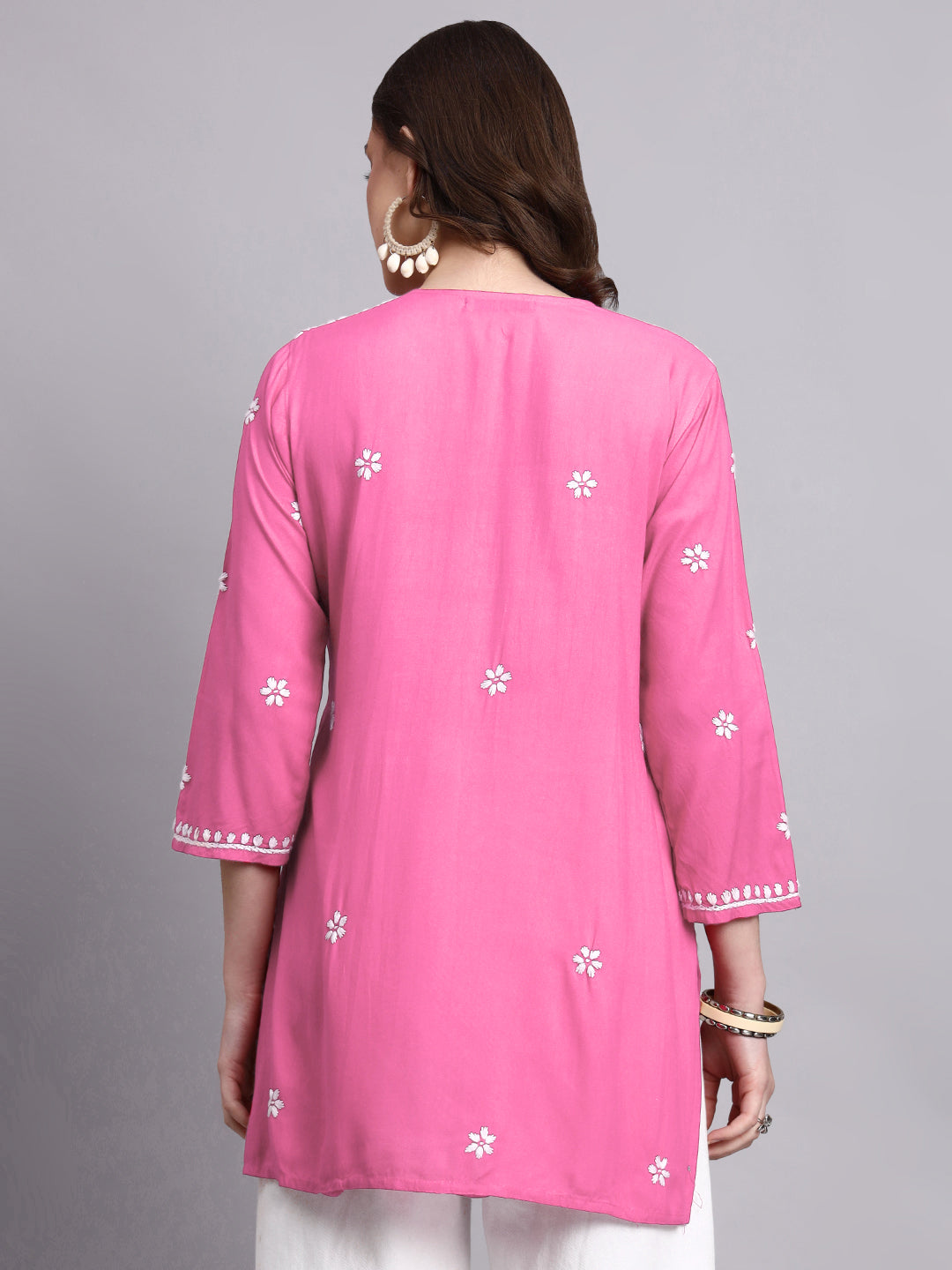 Women’s handmade chikankari short top with detailed embroidery on sleeves and front panel suitable for casual and office wear