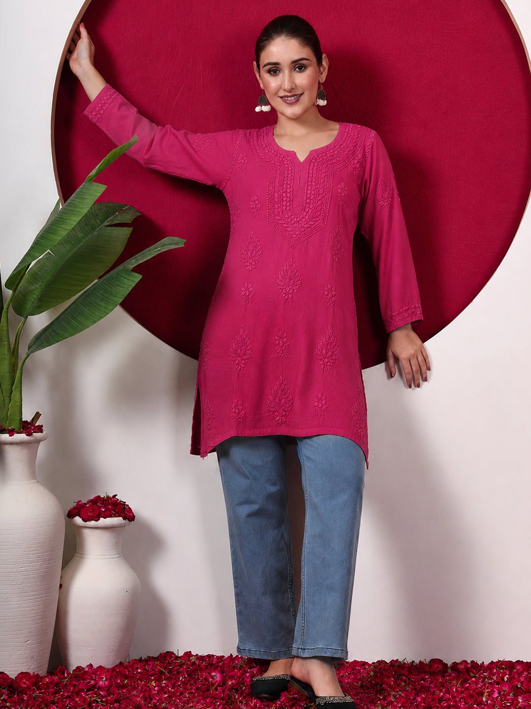 Yashvi Rayon Chikankari Short Kurta - Pink