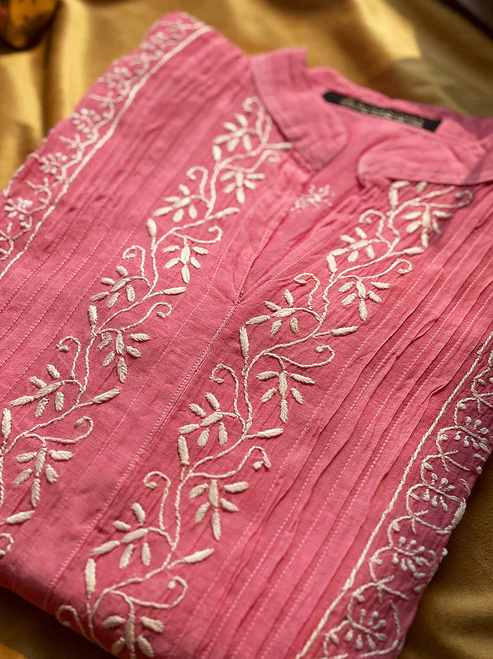 Feba Mul Chanderi Semi-Stitched Chikankari Short Kurta - Pink