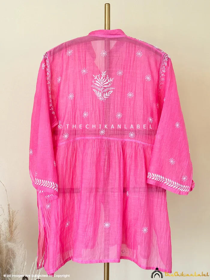 Feba Mul Chanderi Semi-Stitched Chikankari Short Kurta - Pink