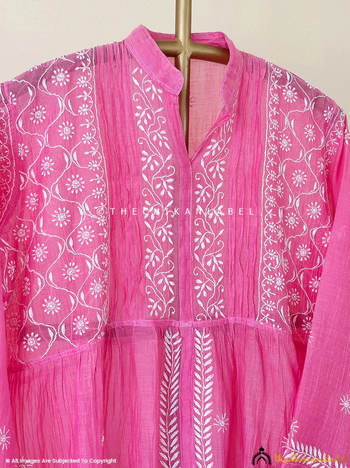 Feba Mul Chanderi Semi-Stitched Chikankari Short Kurta - Pink