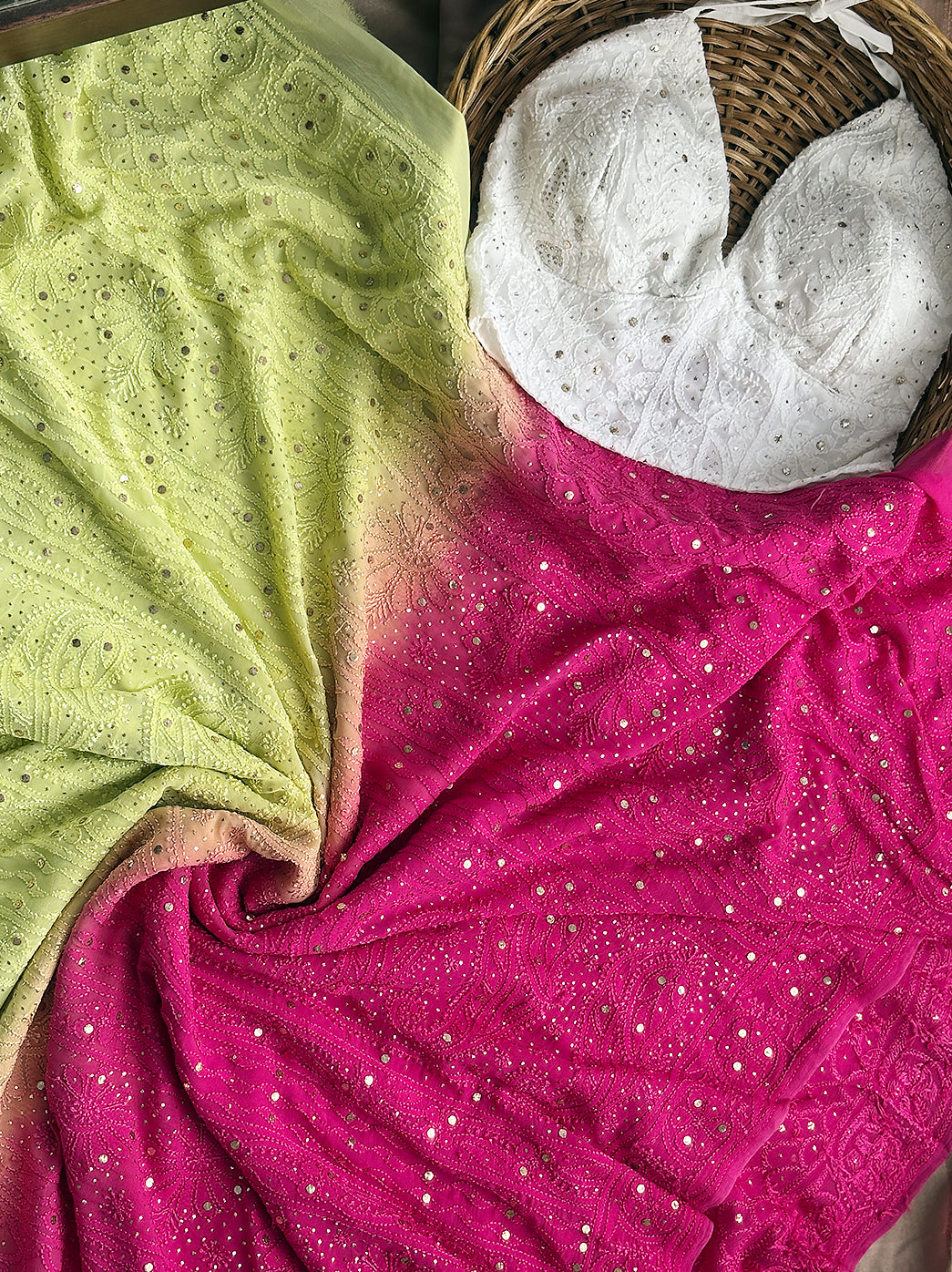 Pink and Green Ombre Viscose Chikankari Saree with Blouse Piece