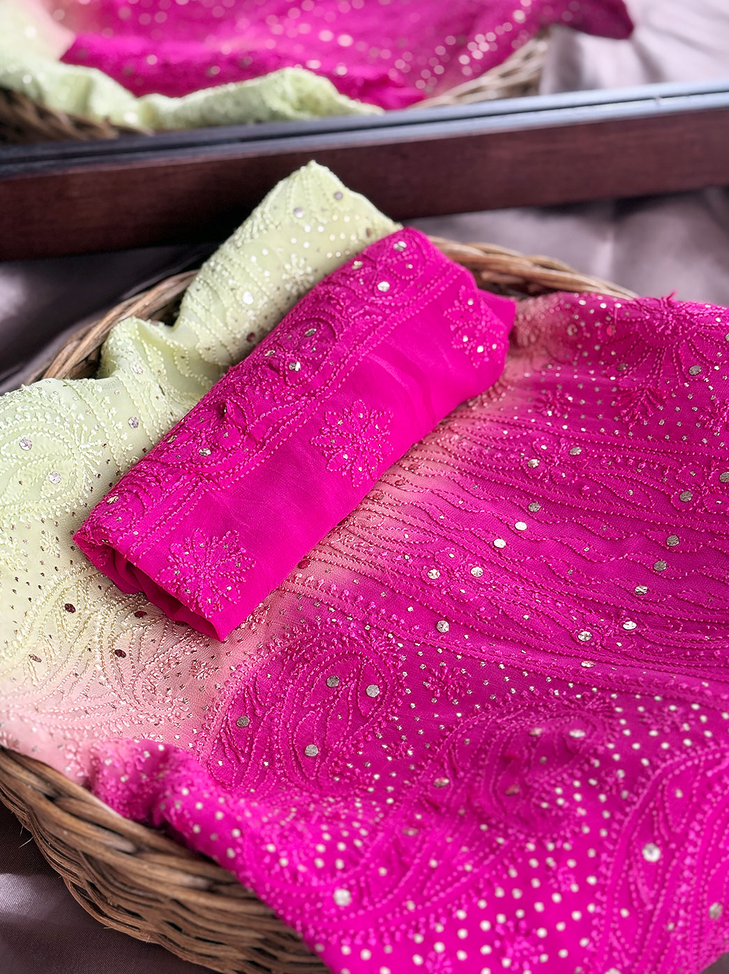 Pink and Green Ombre Viscose Chikankari Saree with Blouse Piece