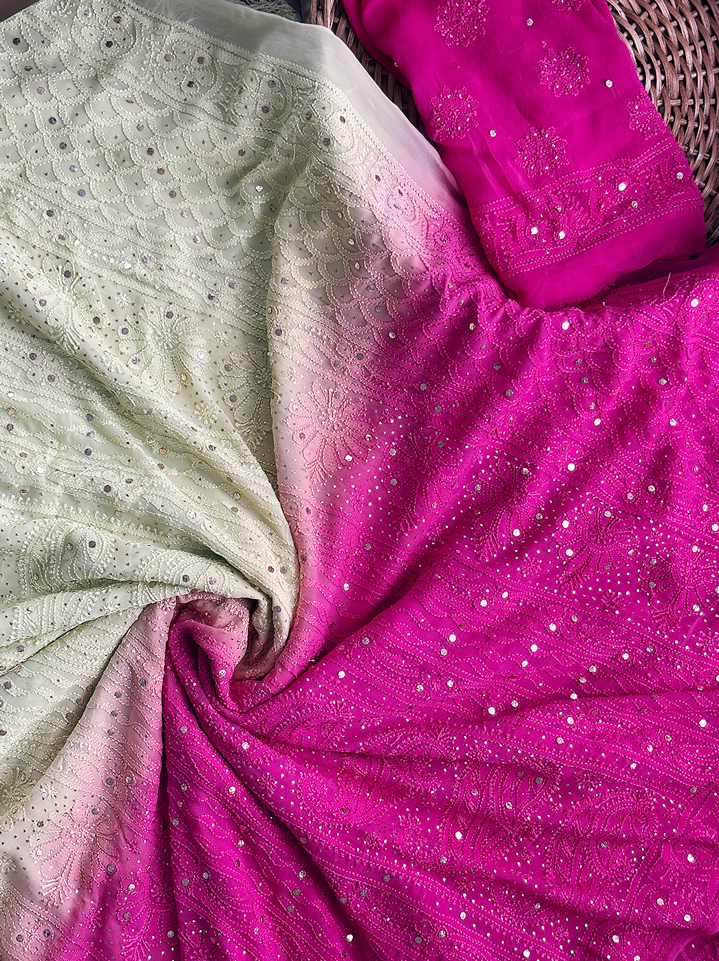 Pink and Green Ombre Viscose Chikankari Saree with Blouse Piece