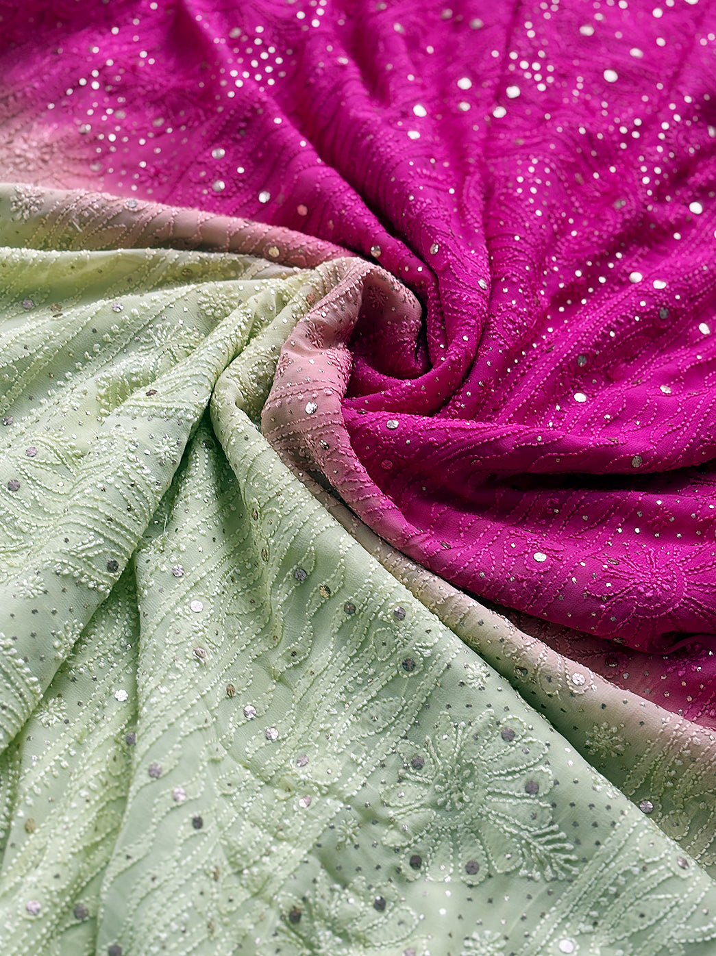 Pink and Green Ombre Viscose Chikankari Saree with Blouse Piece