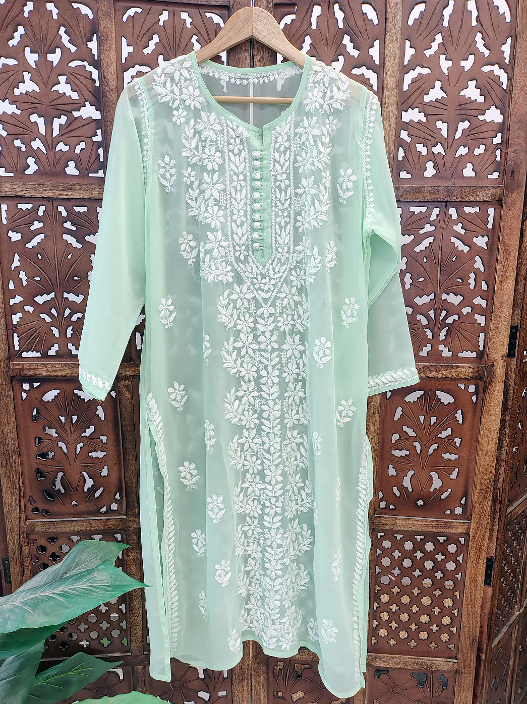 Pista Green Georgette Chikankari Straight Kurti