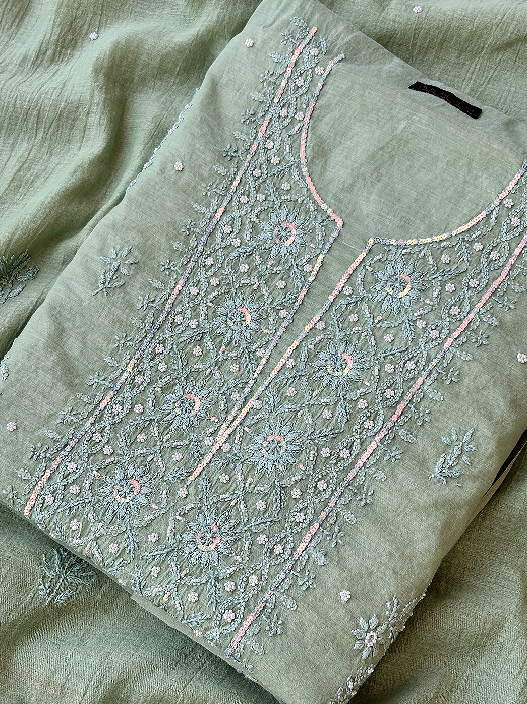 Pista Green Mulmul Chanderi Un-stitched Chikankari Kurti Piece with Dupatta