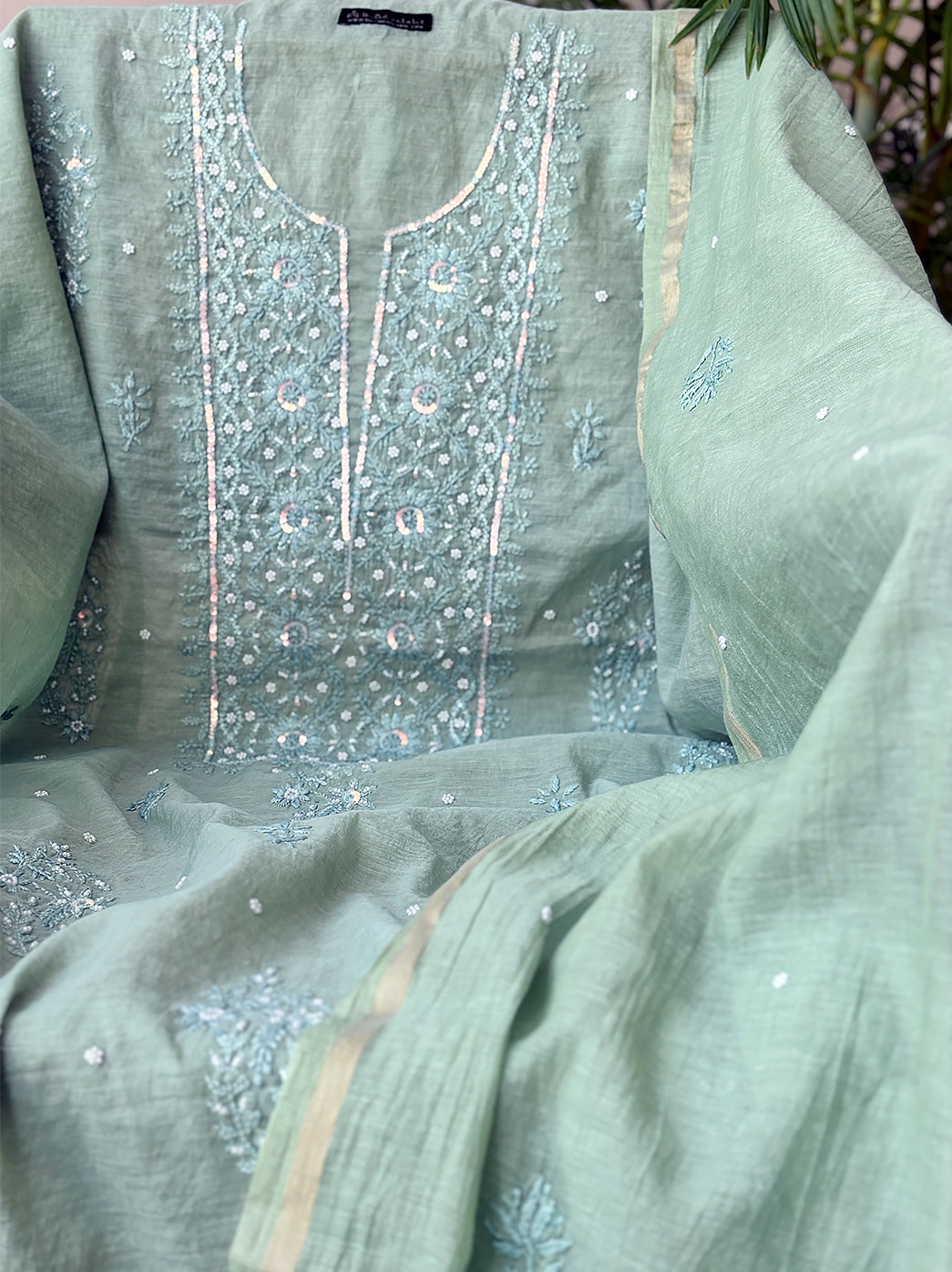 Pista Green Mulmul Chanderi Un-stitched Chikankari Kurti Piece with Dupatta