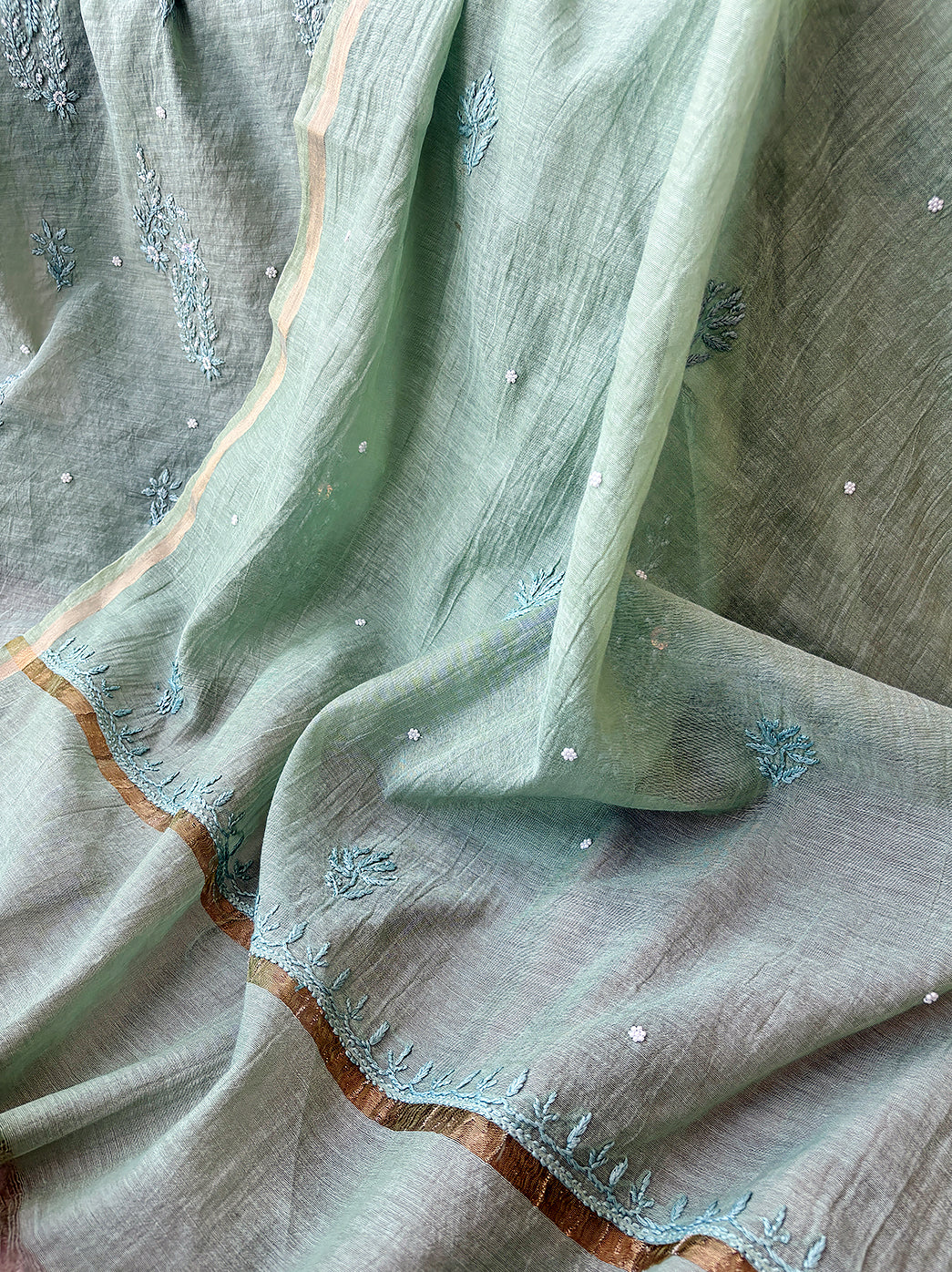 Pista Green Mulmul Chanderi Un-stitched Chikankari Kurti Piece with Dupatta