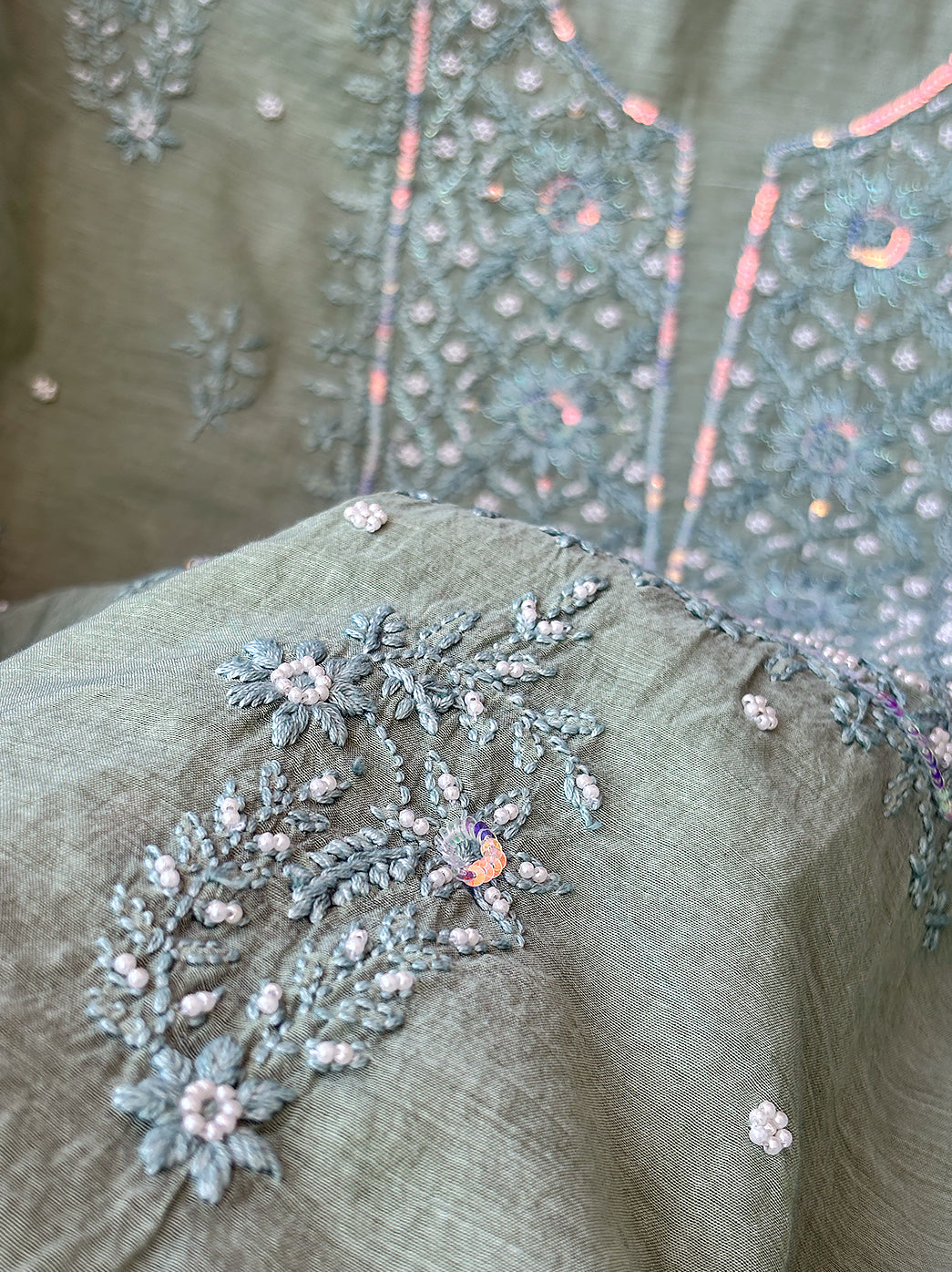 Pista Green Mulmul Chanderi Un-stitched Chikankari Kurti Piece with Dupatta