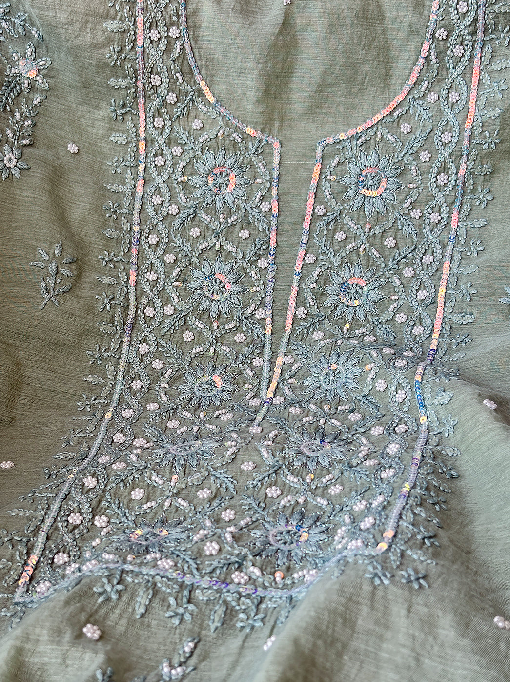 Pista Green Mulmul Chanderi Un-stitched Chikankari Kurti Piece with Dupatta