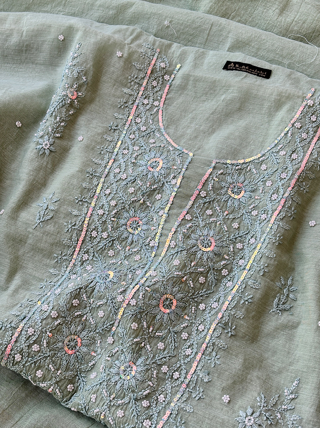 Pista Green Mulmul Chanderi Un-stitched Chikankari Kurti Piece with Dupatta