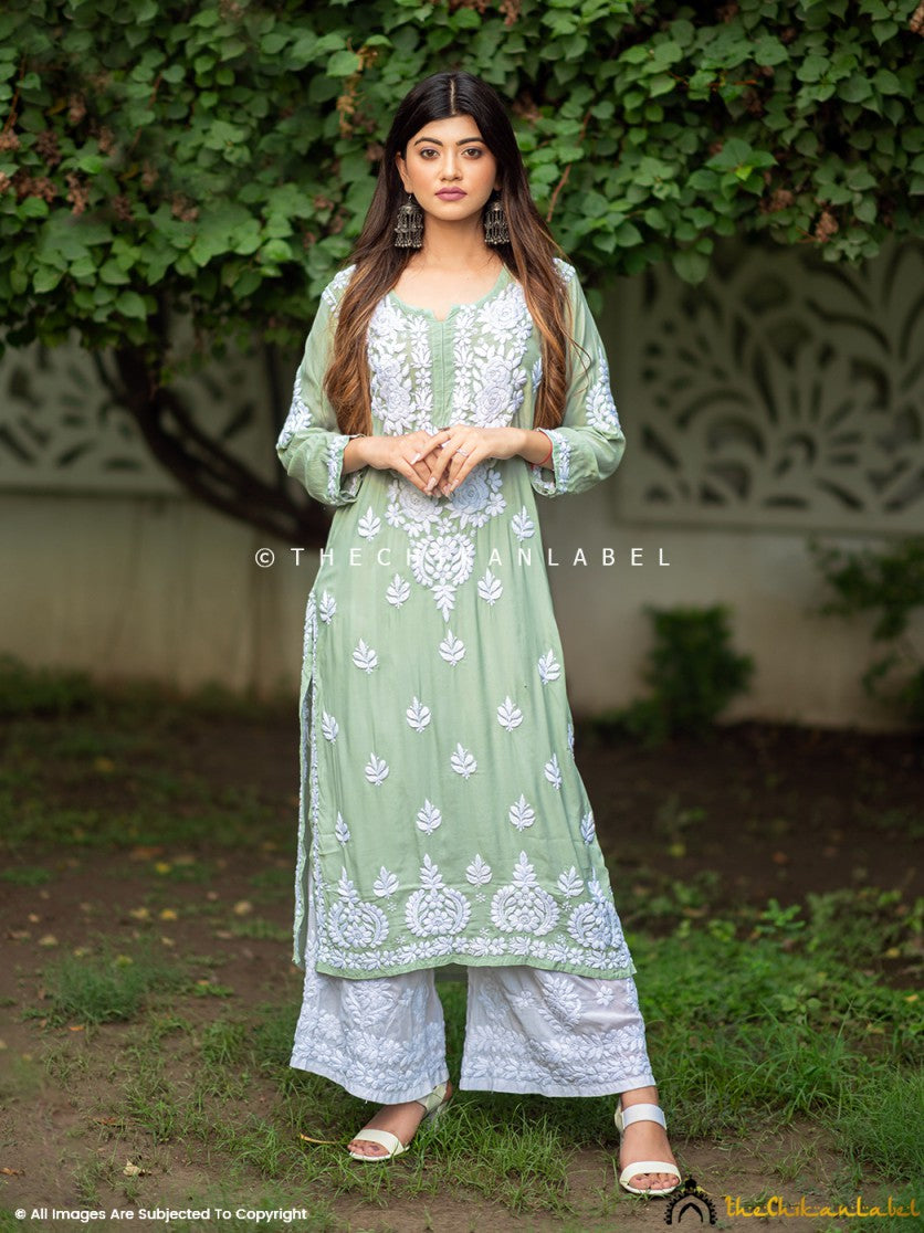 Pista Green Safa Muslin Chikankari Straight Kurti ,Chikankari Straight Kurti in Muslin Fabric For Woman