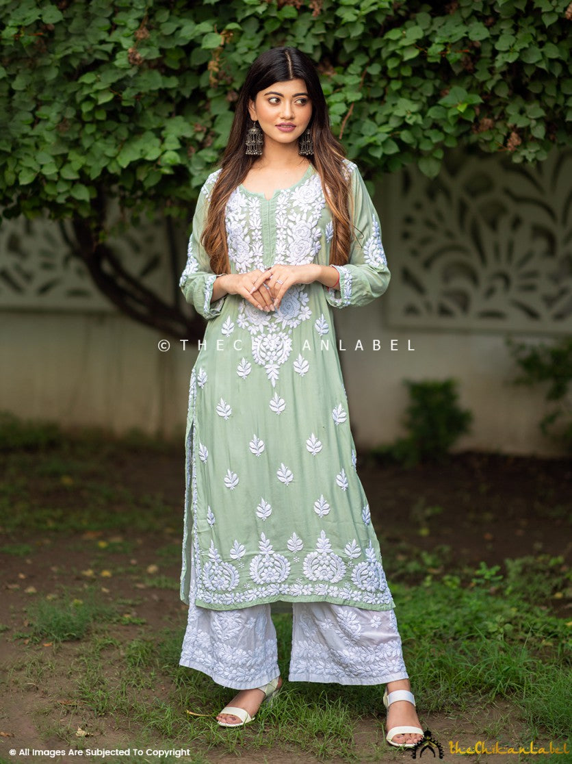 Pista Green Safa Muslin Chikankari Straight Kurti ,Chikankari Straight Kurti in Muslin Fabric For Woman