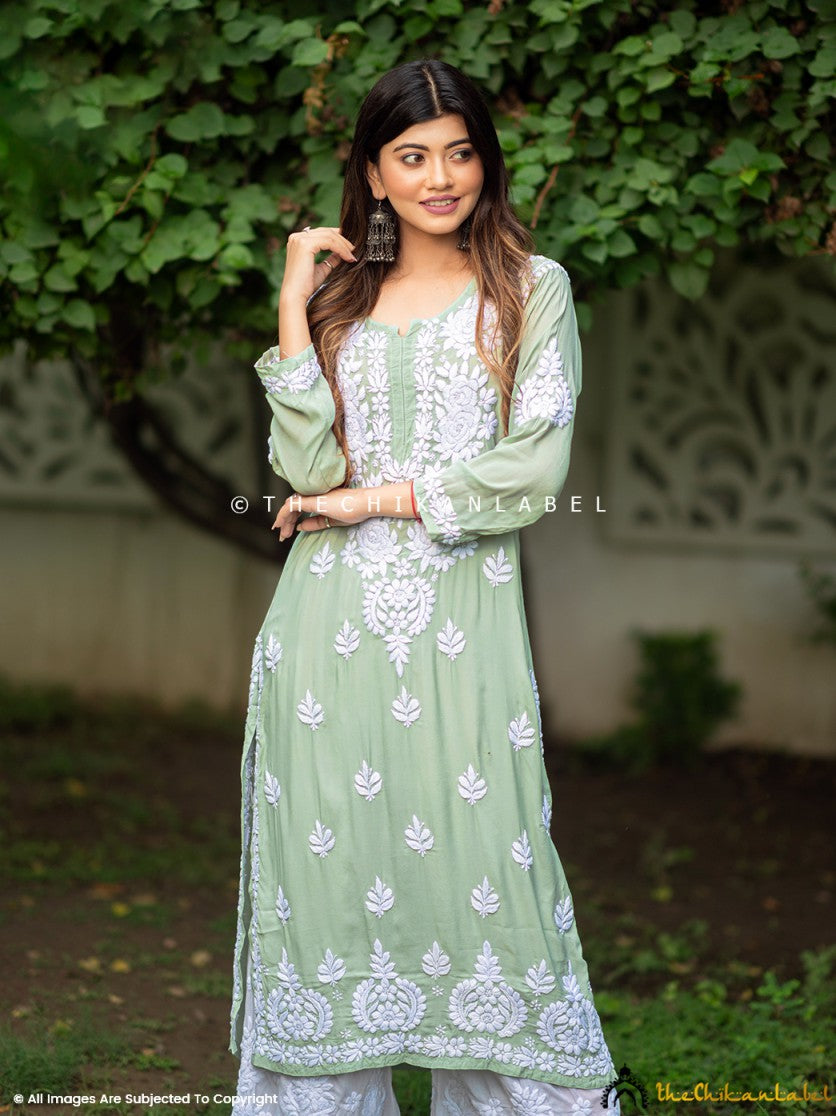 Pista Green Safa Muslin Chikankari Straight Kurti ,Chikankari Straight Kurti in Muslin Fabric For Woman