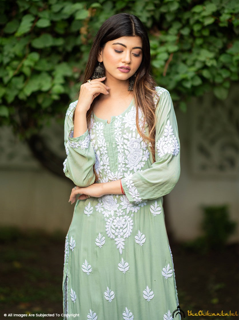 Pista Green Safa Muslin Chikankari Straight Kurti ,Chikankari Straight Kurti in Muslin Fabric For Woman