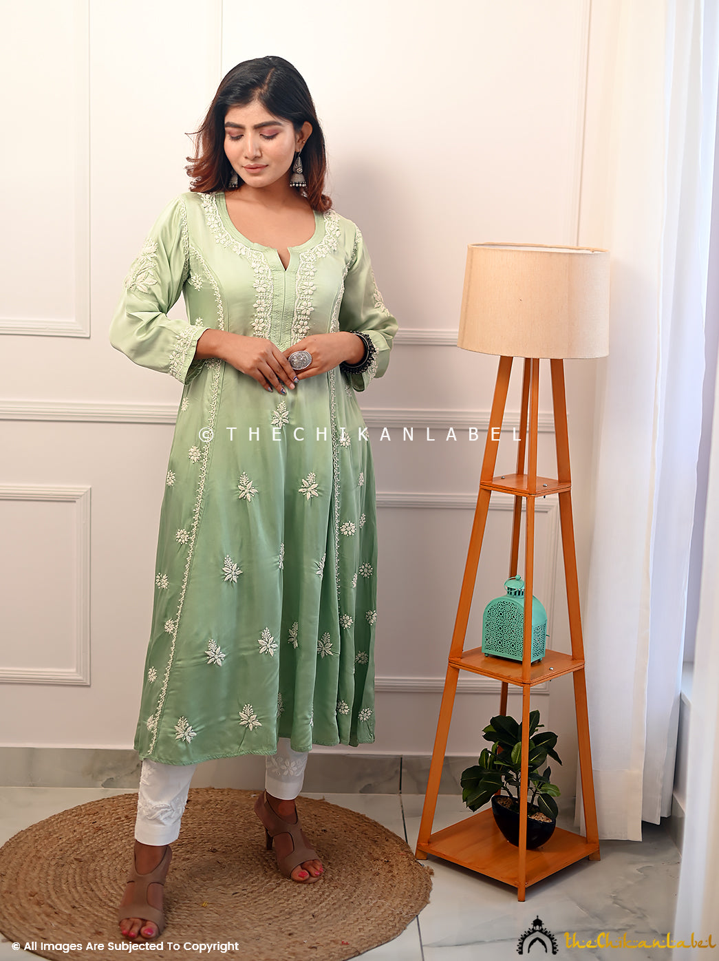 Pista Green Isha Modal Satin Chikankari A-Line Kurti ,Chikankari A-Line Kurti in Modal Fabric For Woman