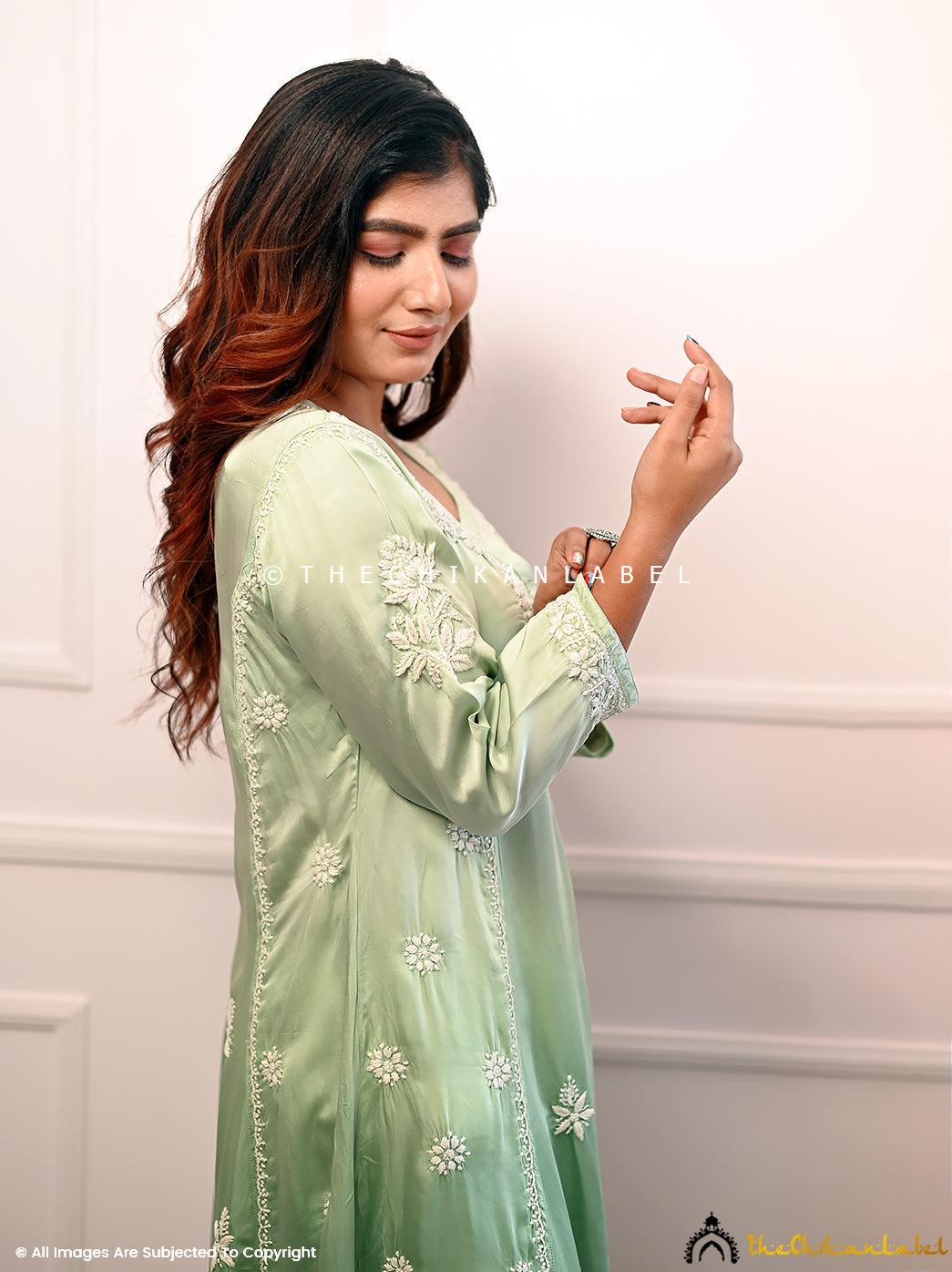 Pista Green Isha Modal Satin Chikankari A-Line Kurti ,Chikankari A-Line Kurti in Modal Fabric For Woman