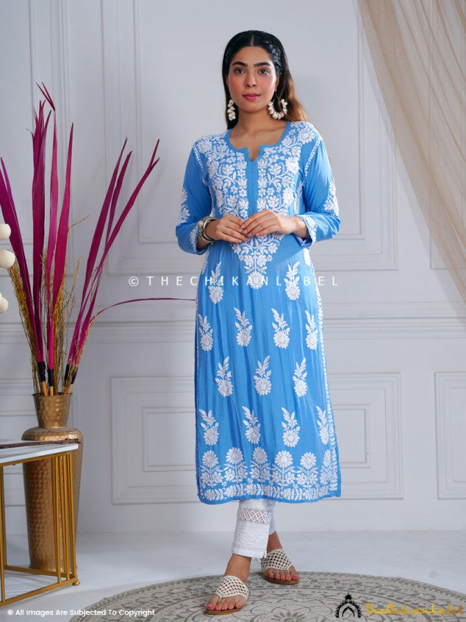 Aidah Modal Chikankari Straight Kurti - Powder Blue