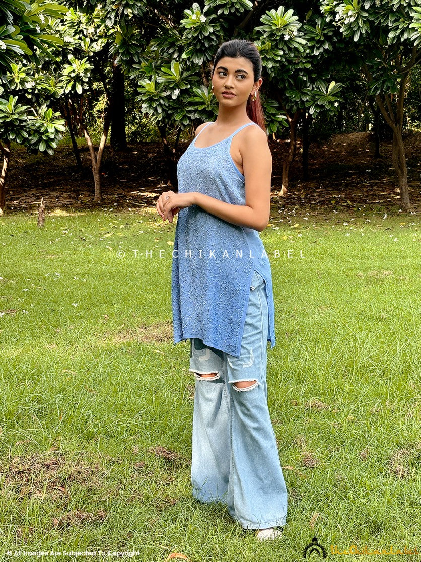 Powder Blue Jia Viscose Chikankari Strappy Short Kurta