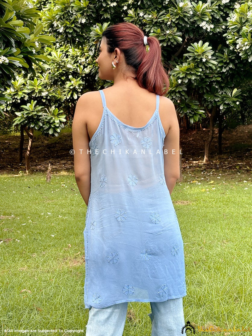 Powder Blue Jia Viscose Chikankari Strappy Short Kurta