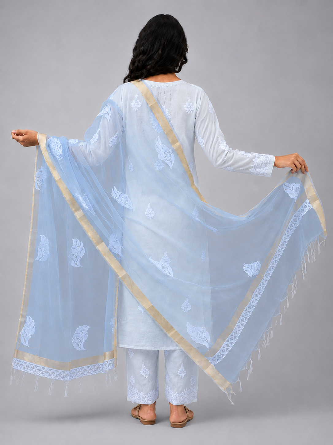 Powder Blue Organza Chikankari Dupatta
