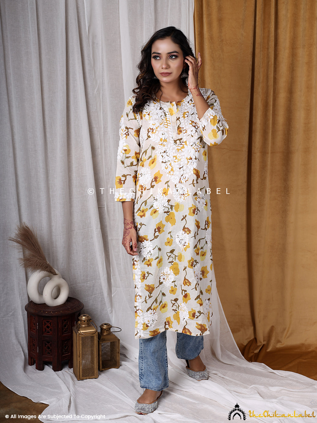 Yellow Printed Straight Chikankari Kurti