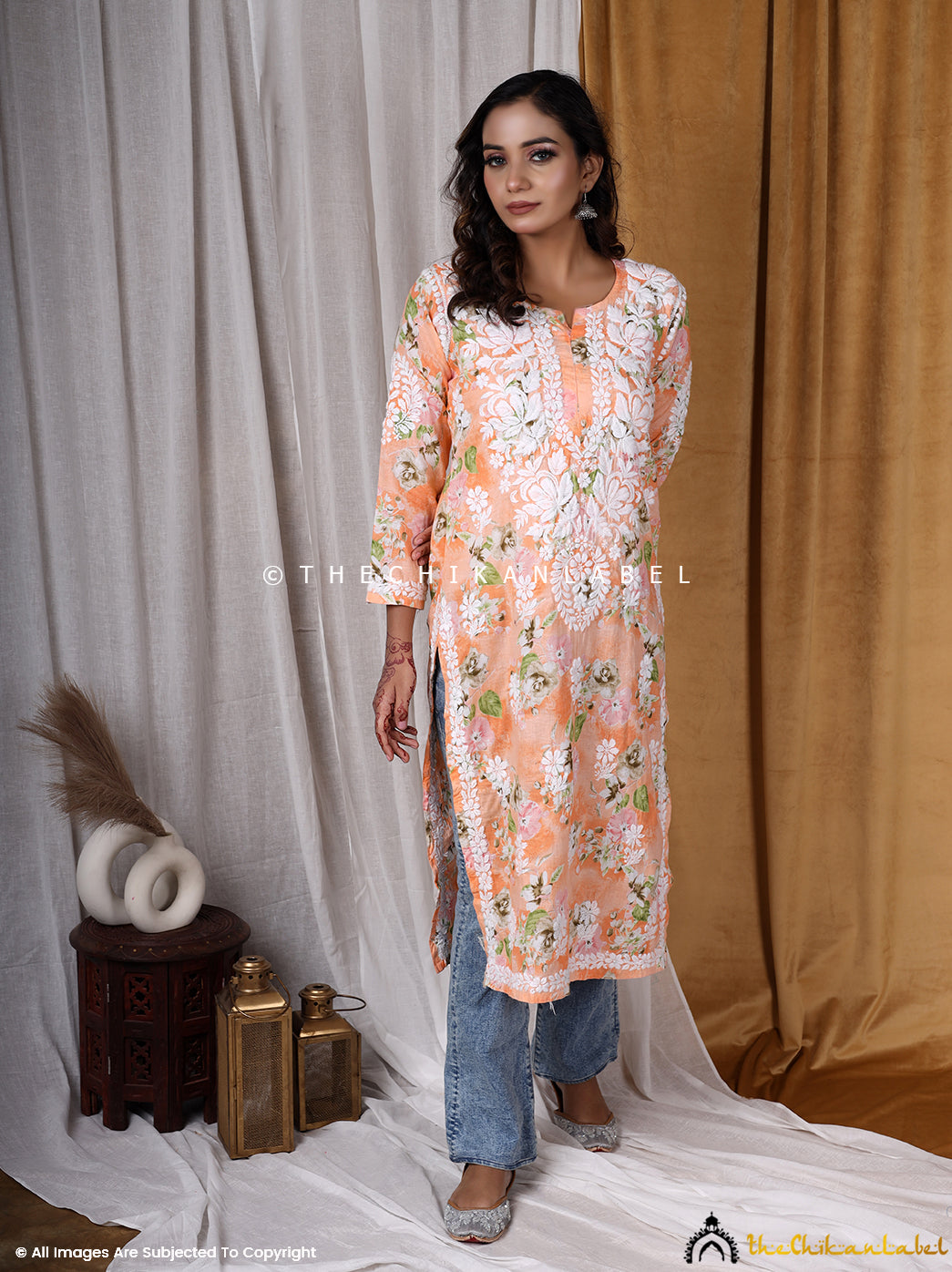Peach Chah Mulmul Cotton Printed Straight Chikankari Kurti ,Chikankari Kurti in Mulmul Fabric For Woman