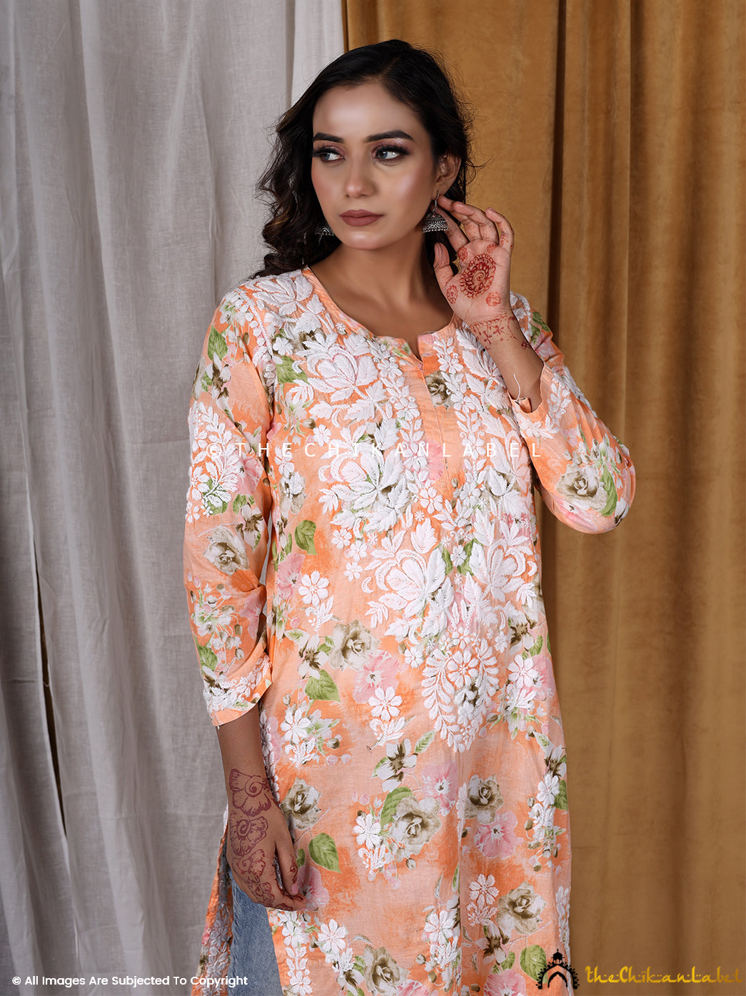 Peach Chah Mulmul Cotton Printed Straight Chikankari Kurti ,Chikankari Kurti in Mulmul Fabric For Woman