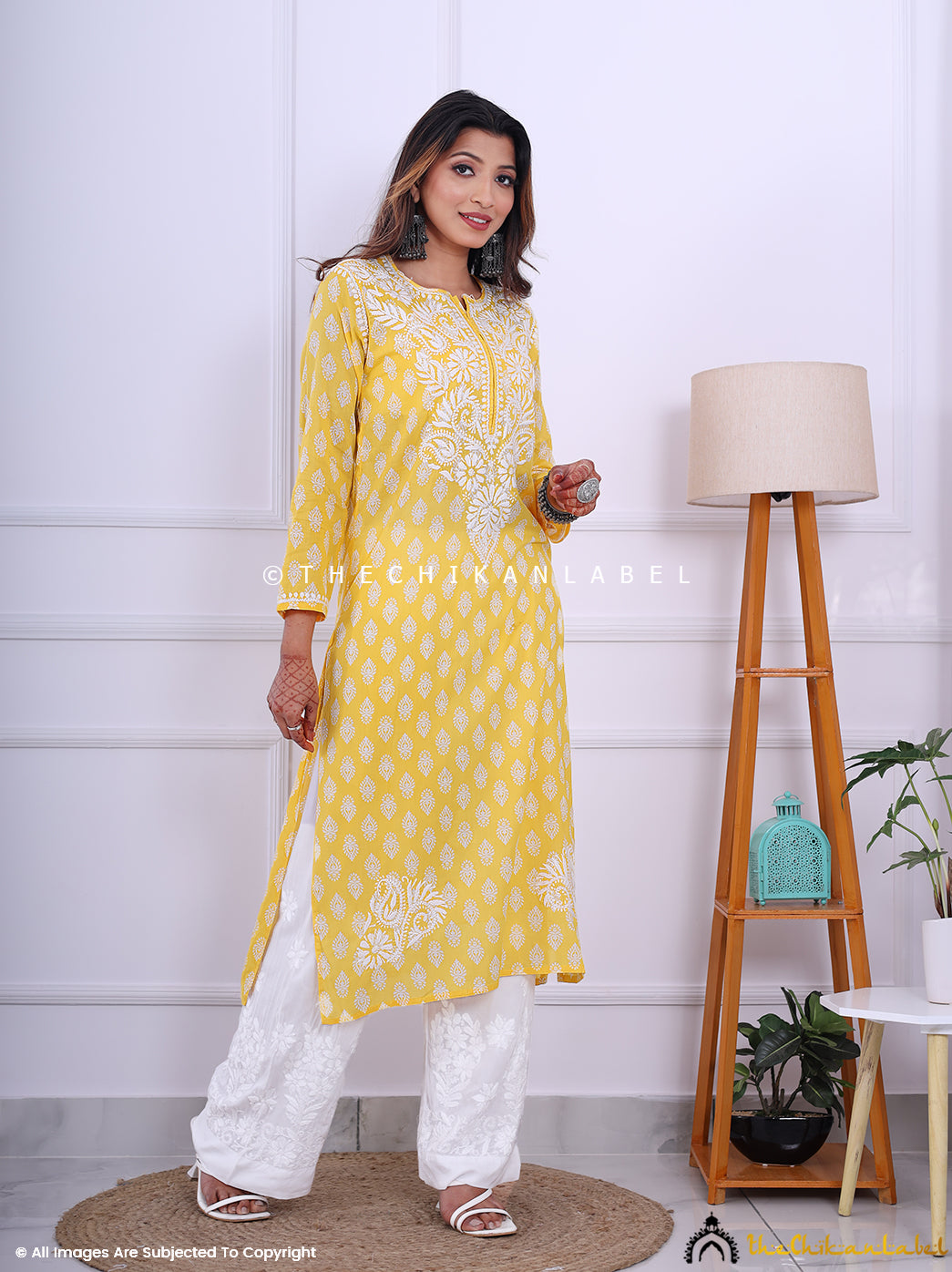 Yellow Cotton Chikankari Straight Kurti
