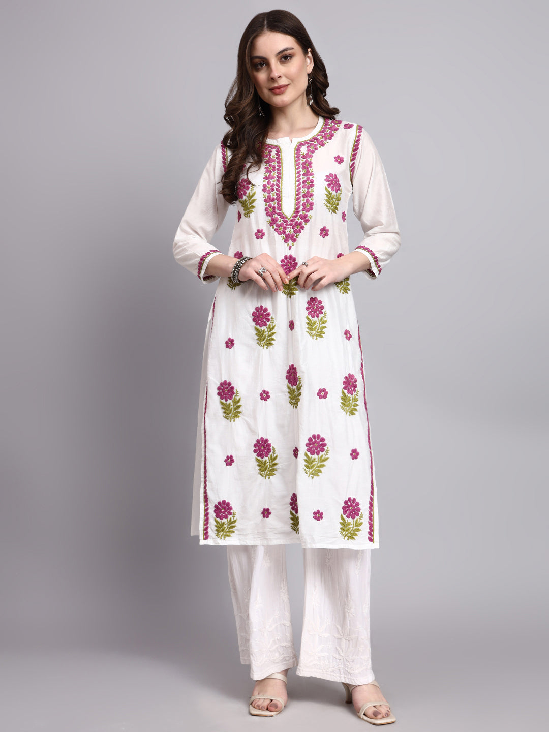 Chanderi long kurta featuring handmade chikankari embroidery with floral motifs and a straight silhouette for elegant ethnic wear