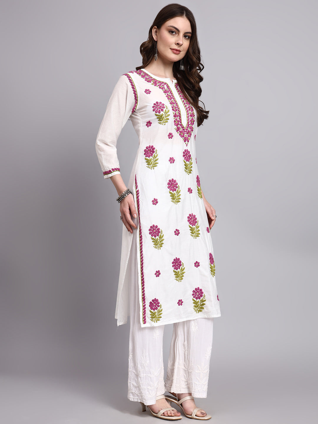 Lightweight Chanderi long kurta with intricate hand-embroidered chikankari work suitable for summer wear