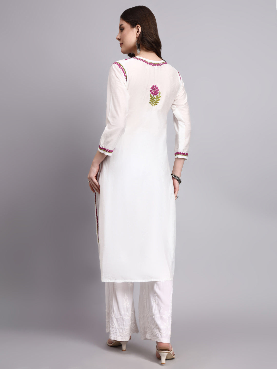 Women’s Chanderi long kurti with authentic hand-embroidered chikankari work for festive and office wear