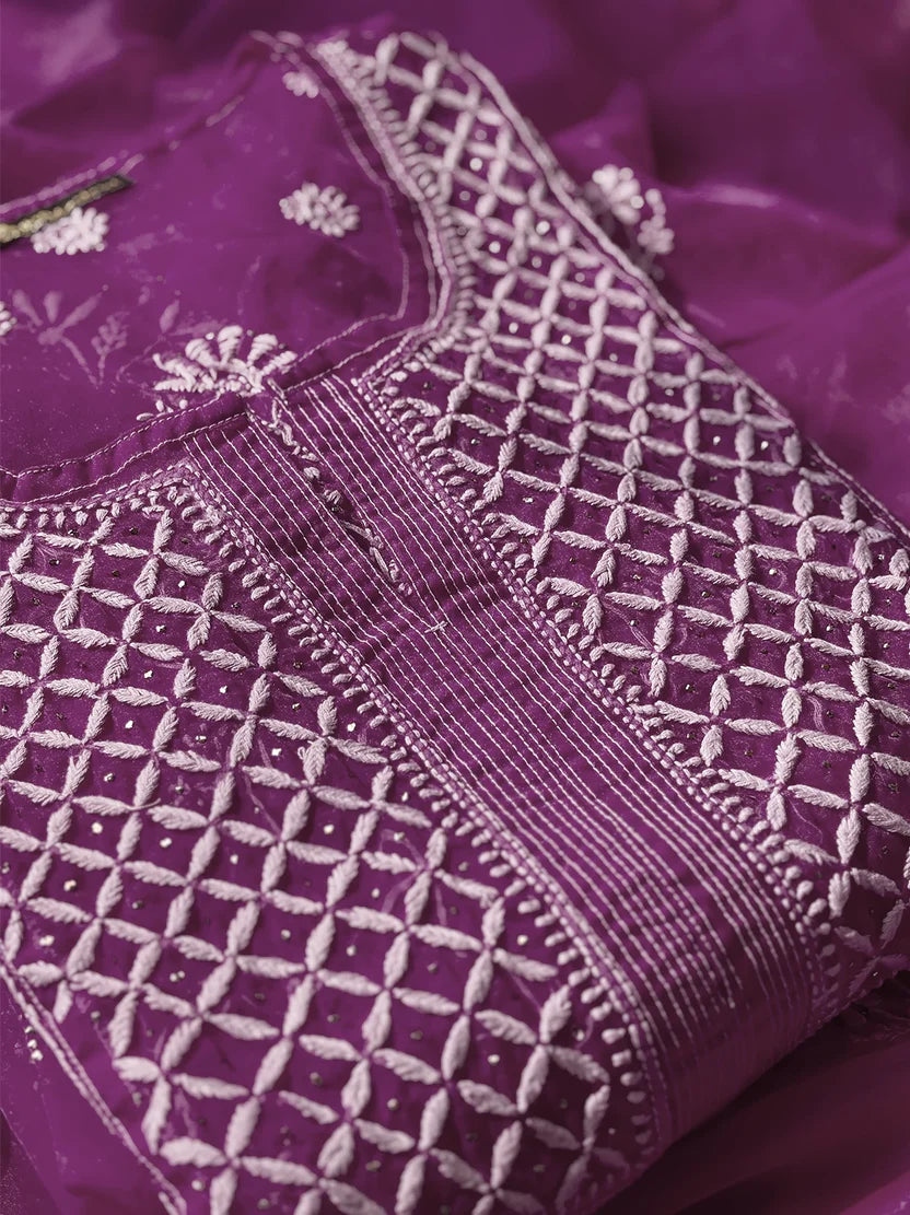Ahilya Organza Chikankari Kurta Set - Purple