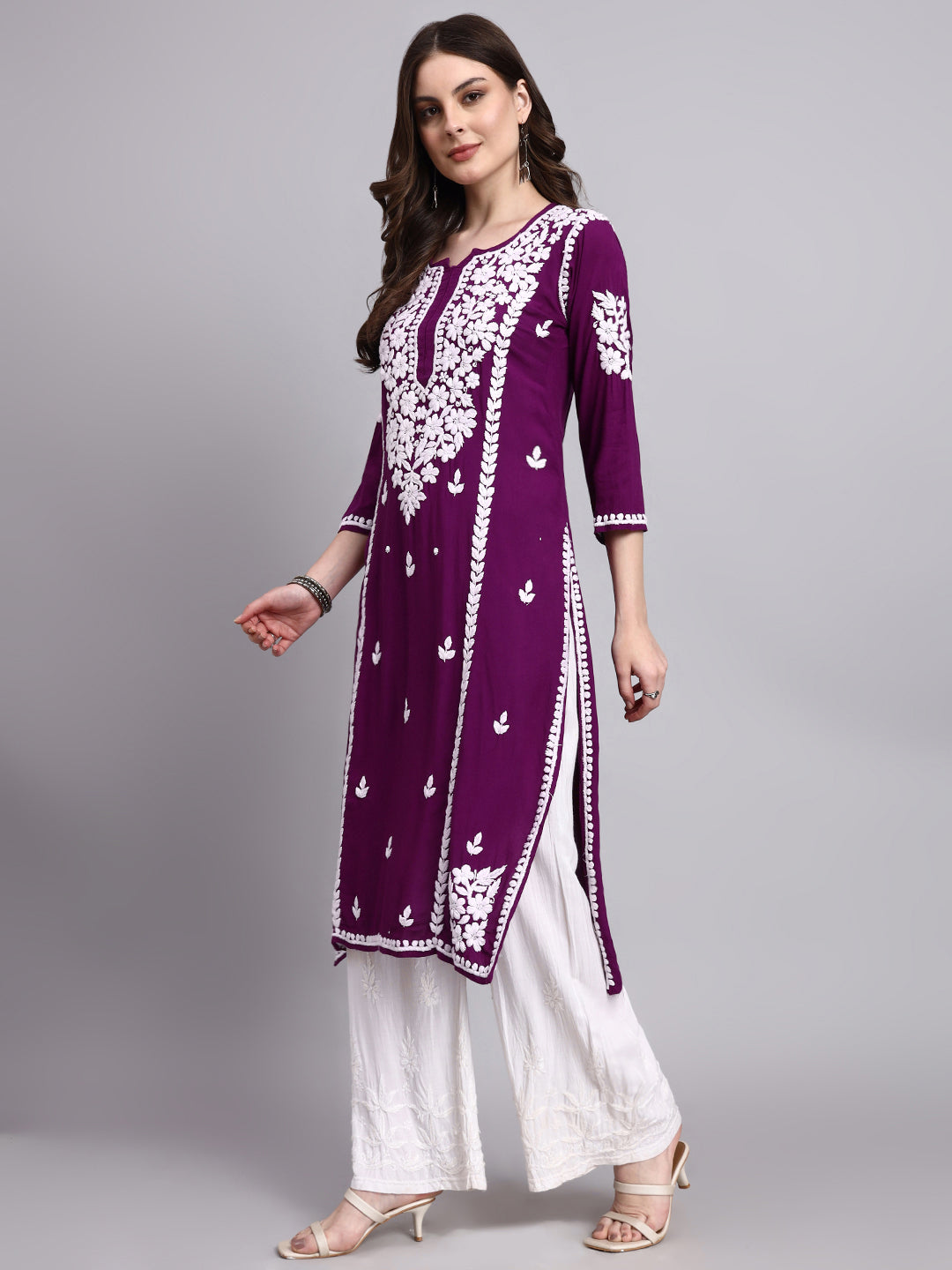 Women’s ethnic long kurta with hand-embroidered chikankari work suitable for casual festive and office wear