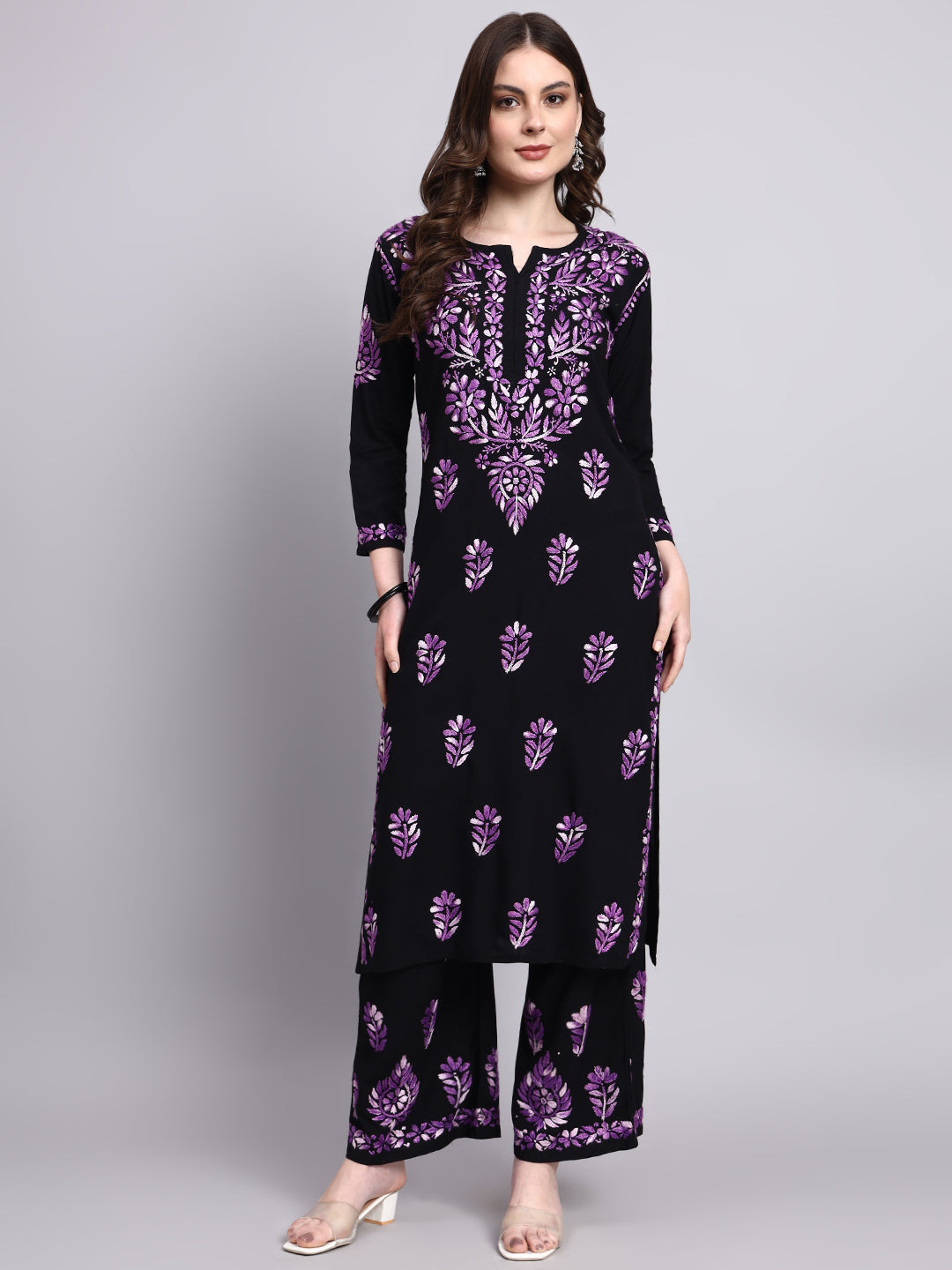 Rayon chikankari kurta palazzo set with authentic Lucknowi hand embroidery designed for elegant women’s ethnic wear
