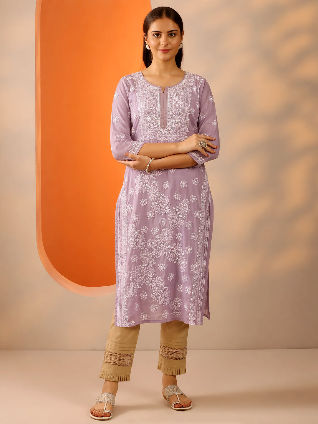 Trending kurta design with classic chikankari patterns crafted in breathable cotton fabric for daily use