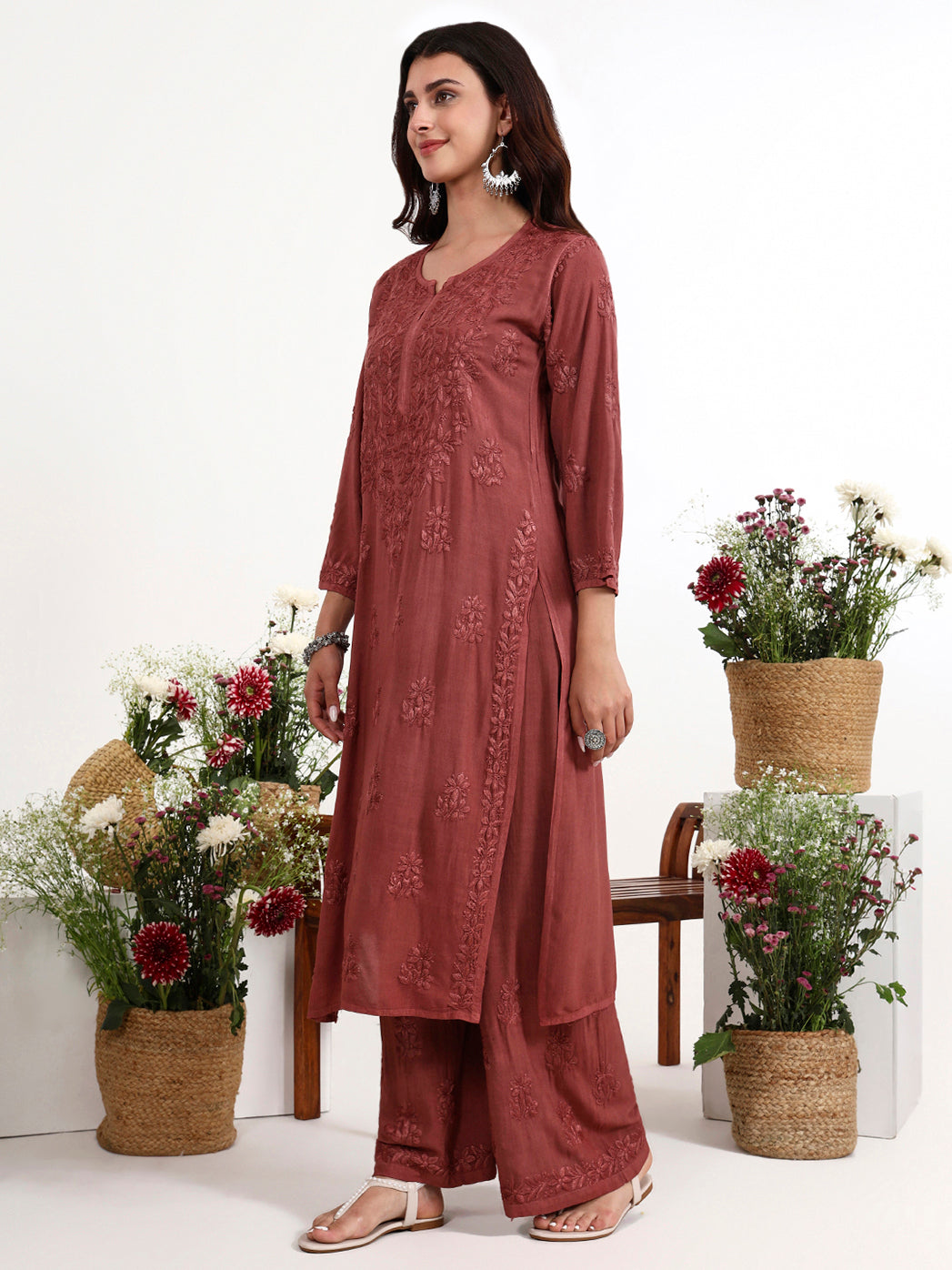 Full length view of chikankari kurti palazzo set with breathable fabric and relaxed fit