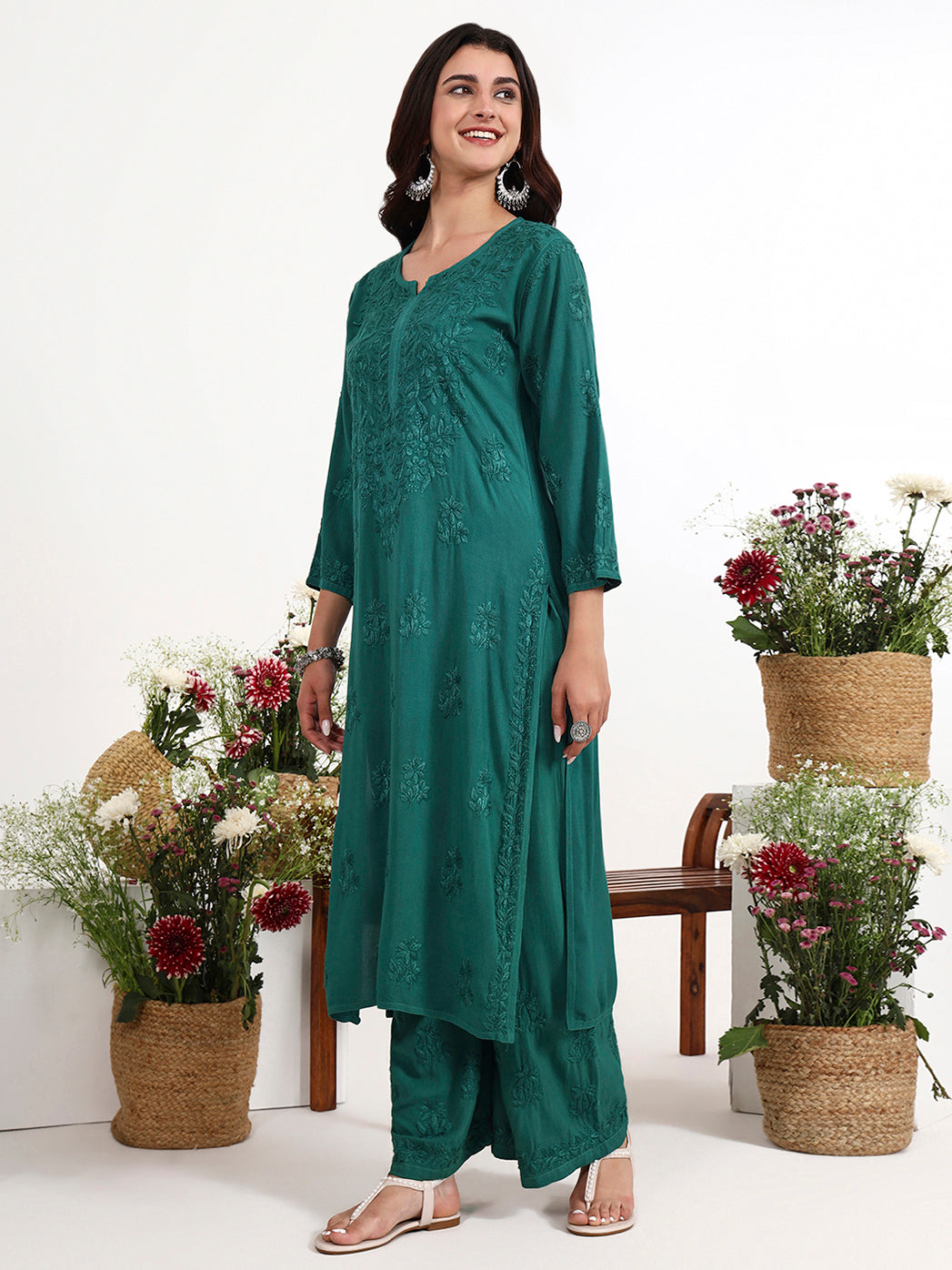 Straight fit rayon kurti with handcrafted chikankari work paired with comfortable palazzo