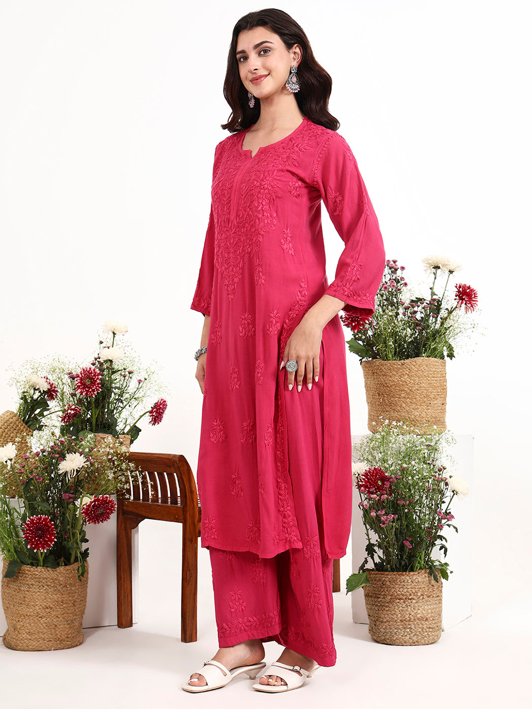 Comfortable all day wear set with traditional chikankari embroidery and straight fit silhouette