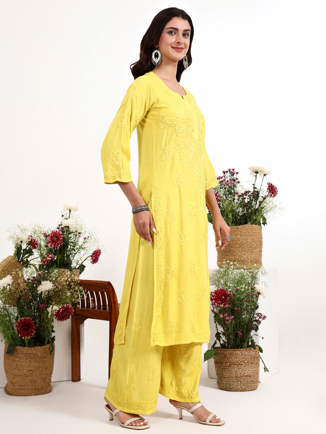 Comfortable rayon chikankari kurti set with matching palazzo for all day wear styling