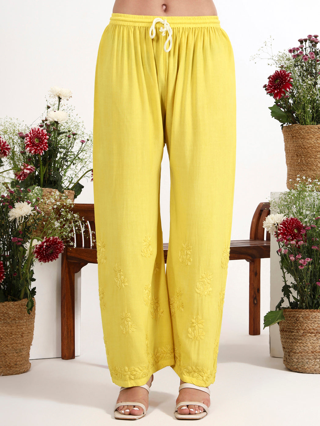 Trending kurta set featuring rayon chikankari kurti with matching palazzo pants for daily wear