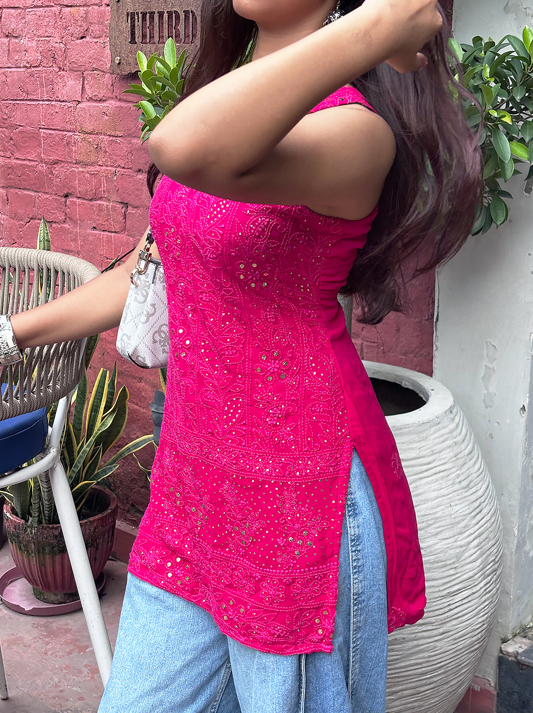 Rahima viscose short strappy kurti with elegant Chikankari embroidery, contemporary sleeveless design, and versatile everyday styling