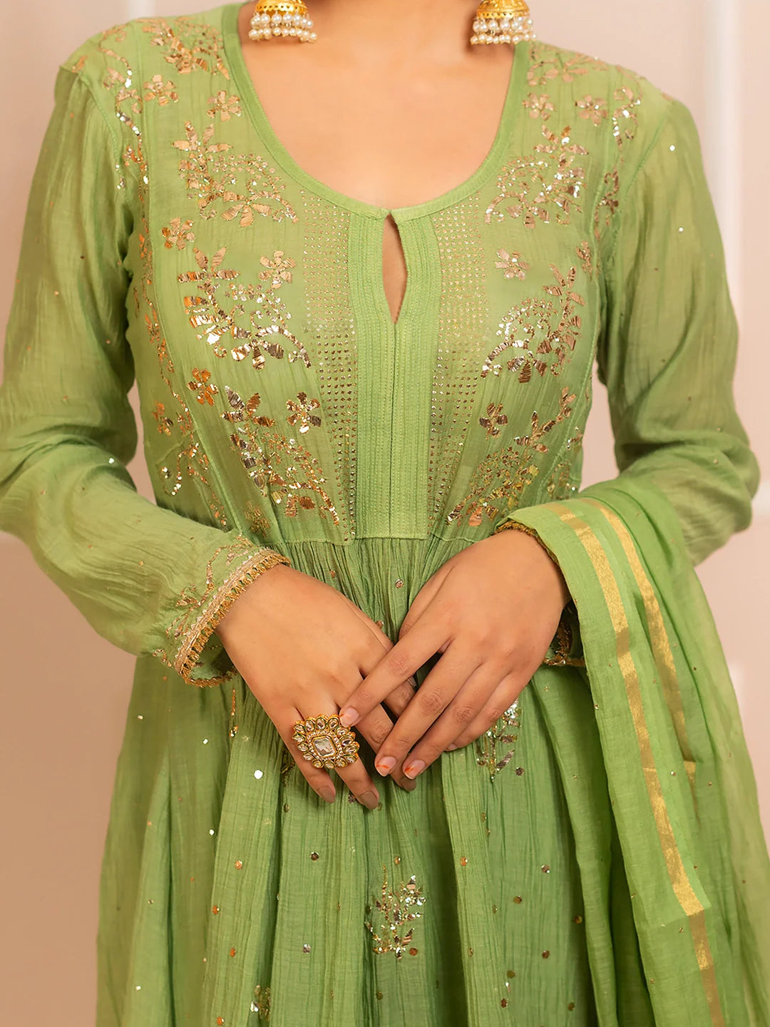 Rang-E-Tyohaar Mul Chanderi Chikankari Kurta Set - Green