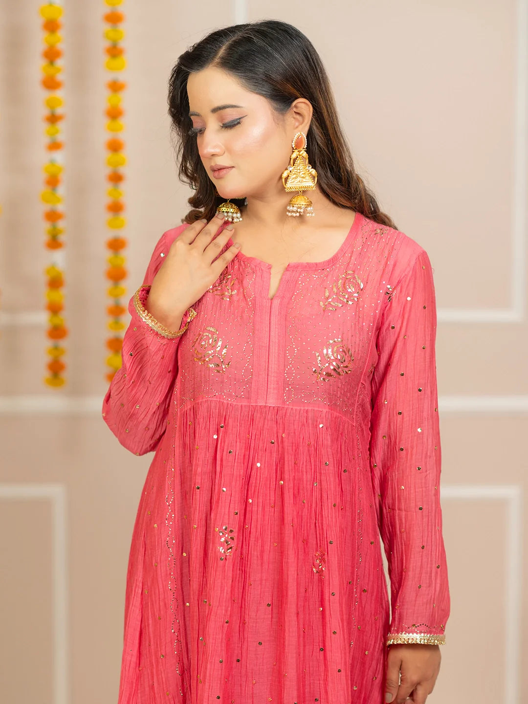Rang-E-Tyohaar Mul Chanderi Chikankari Kurta Set - Peach