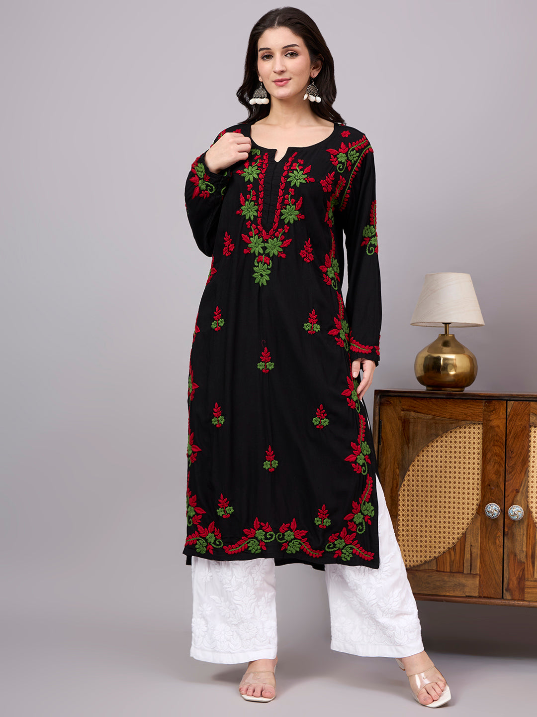 Traditional Rayon Straight Kurti with detailed hand-embroidered Chikankari work, full sleeves, straight fit, and timeless ethnic styling suitable for daily wear and festive occasions.