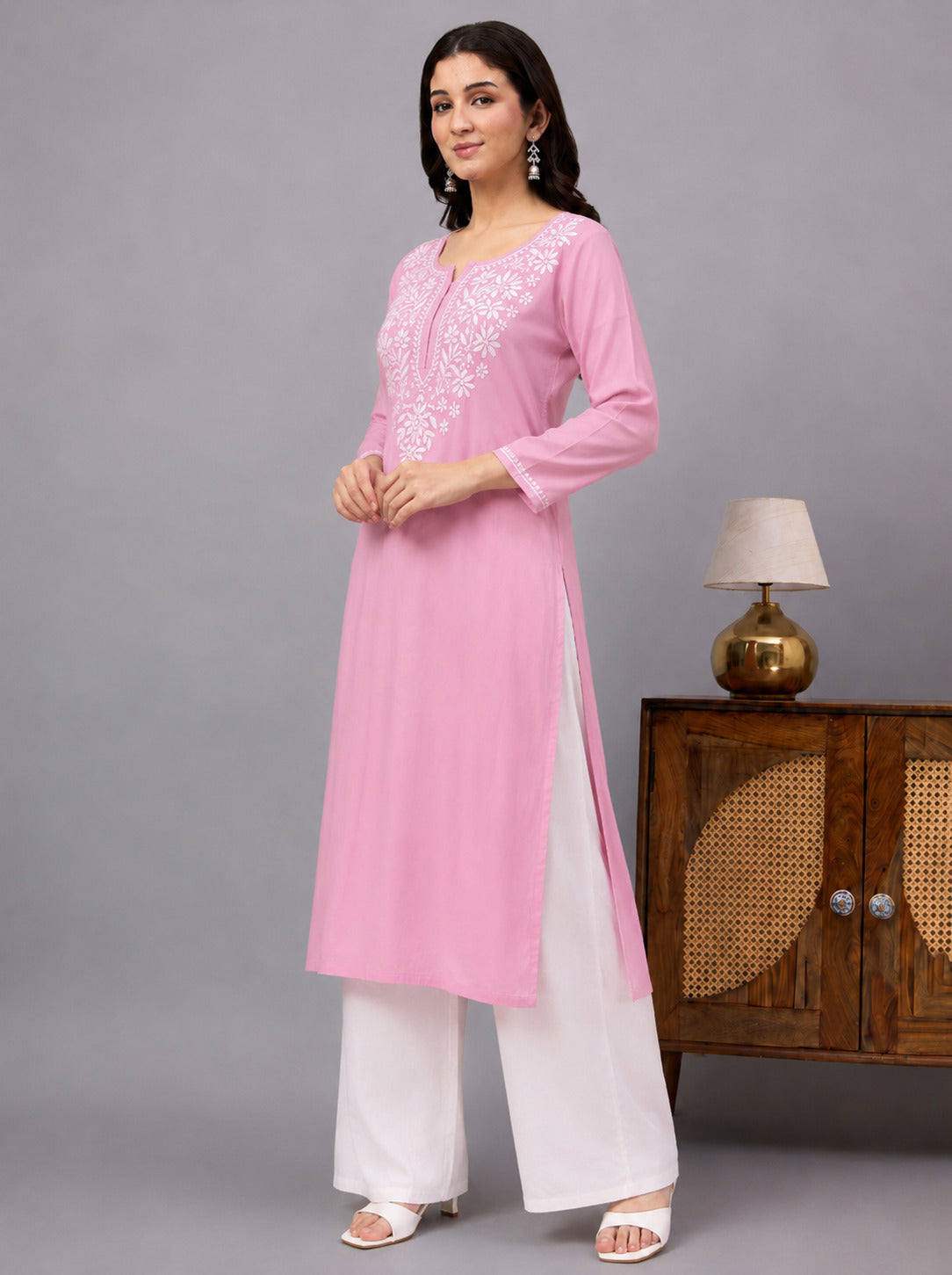 Beautifully embroidered Ranya Rayon Straight Kurti showcasing traditional Chikankari artistry, soft rayon fabric, and a versatile straight-cut silhouette for every occasion.