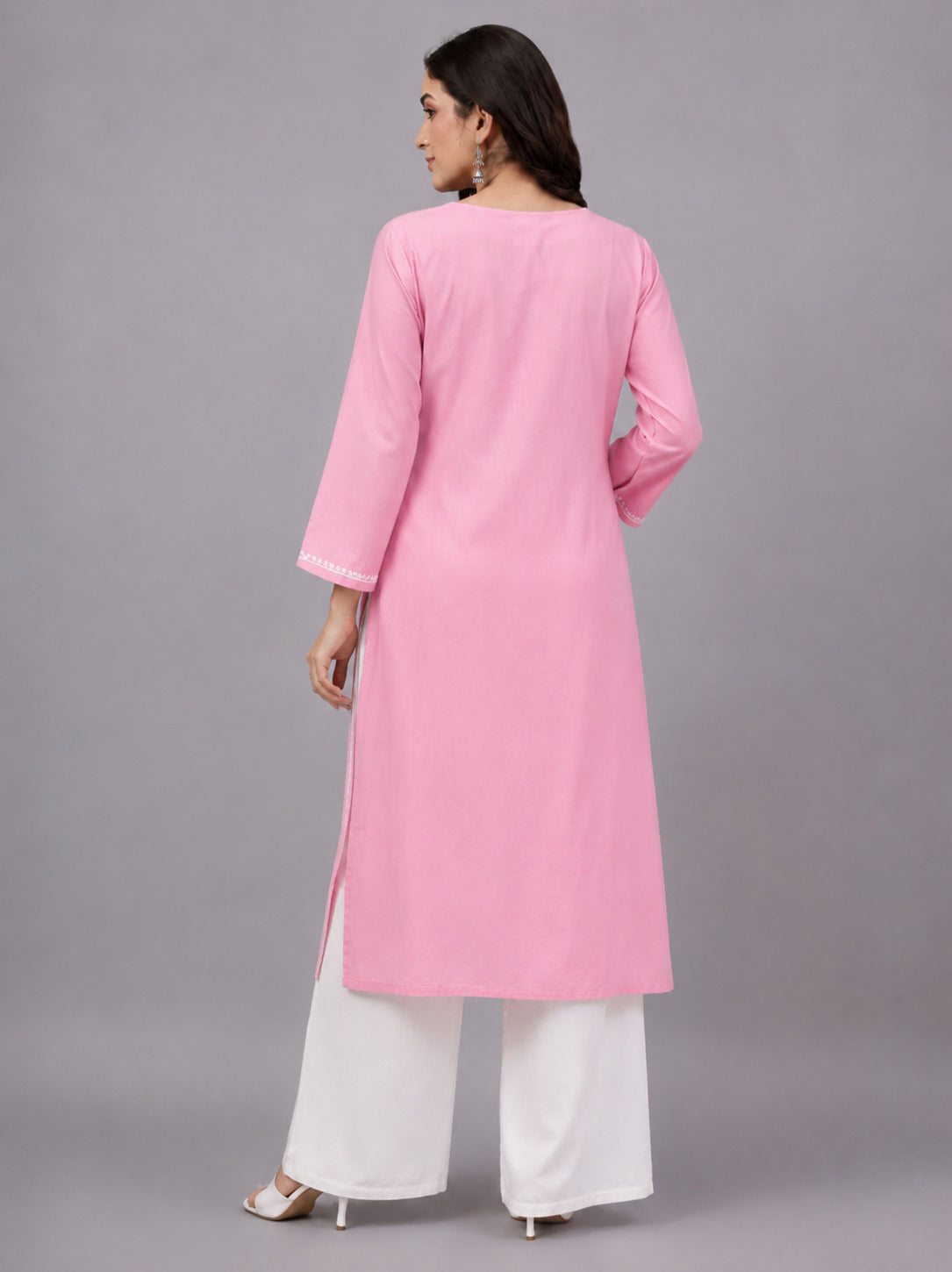 Women's ethnic rayon kurti with classic Lucknowi Chikankari embroidery, lightweight fabric, and a comfortable straight fit suitable for daily wear and office attire.