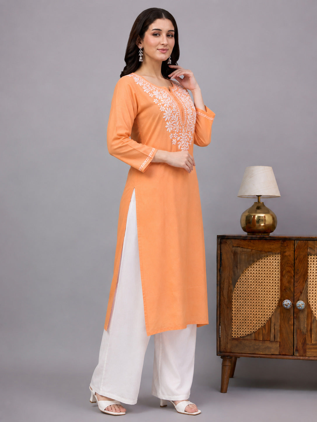 Women's Ranya Rayon Straight Kurti with handcrafted-inspired Lucknowi Chikankari embroidery, full sleeves, and a flattering fit designed for effortless ethnic elegance.