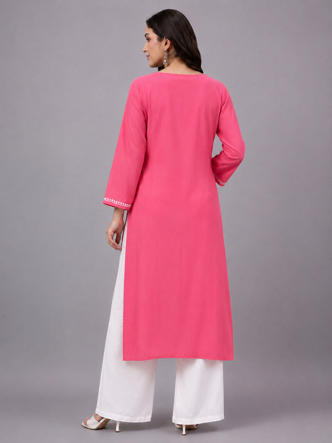 Women's straight-fit rayon kurti with authentic Lucknowi Chikankari embroidery, ideal for office wear, festive gatherings, daily wear, and modern ethnic wardrobes.